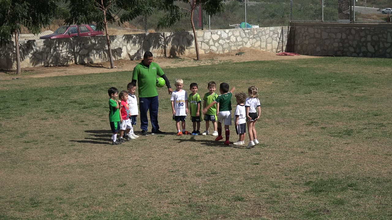 Adult in green shirt stands with children on a grass field.