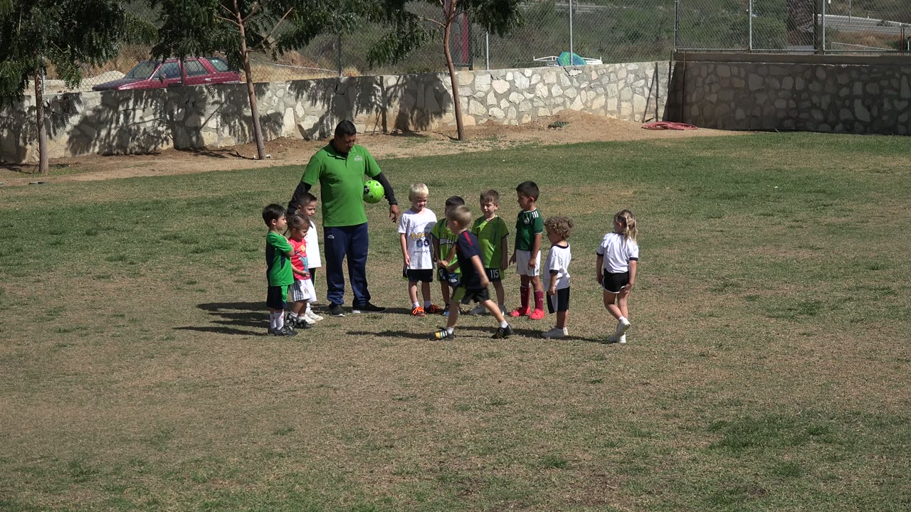 Coach standing with children on a grass field before a football game.