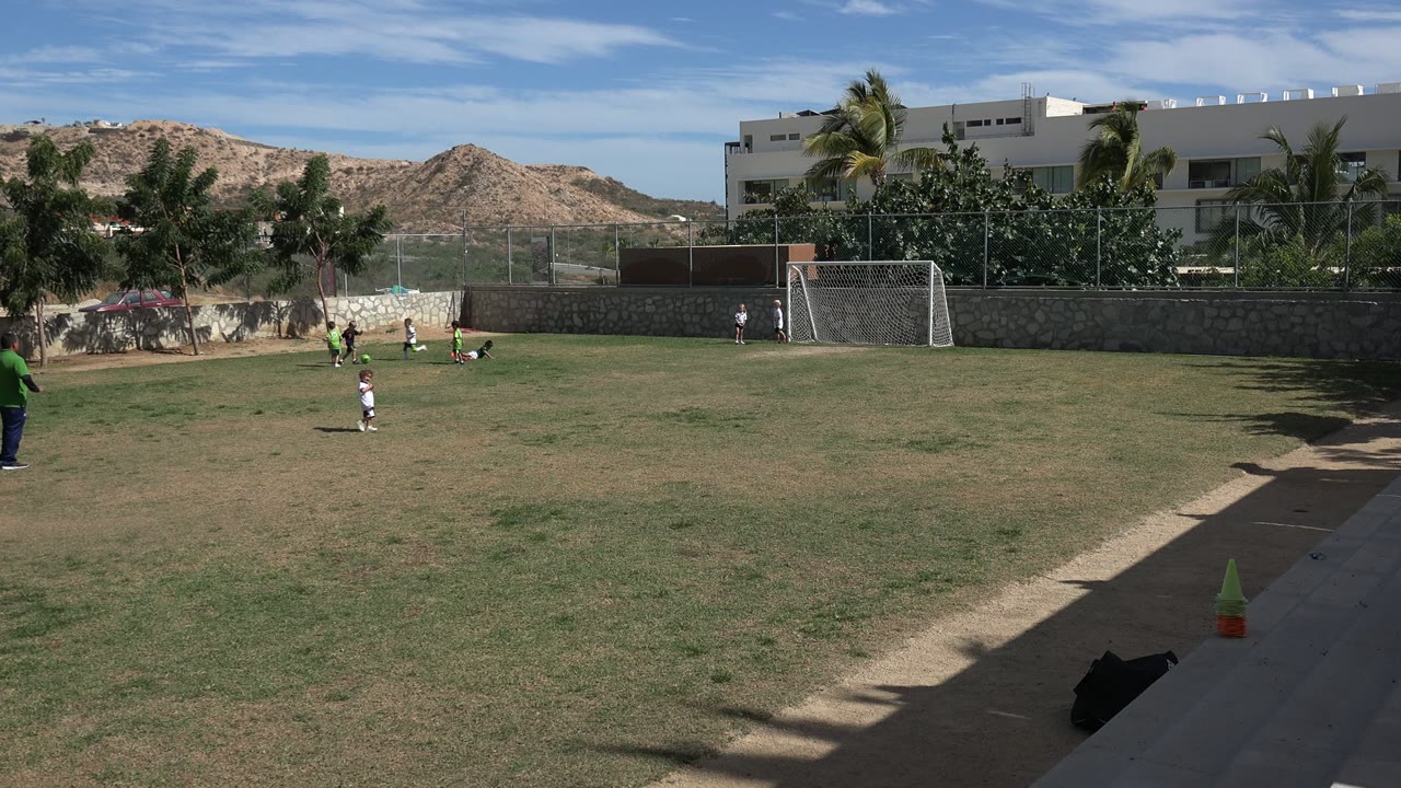 Wide soccer field with children, an adult, and a white goal under bright sun.