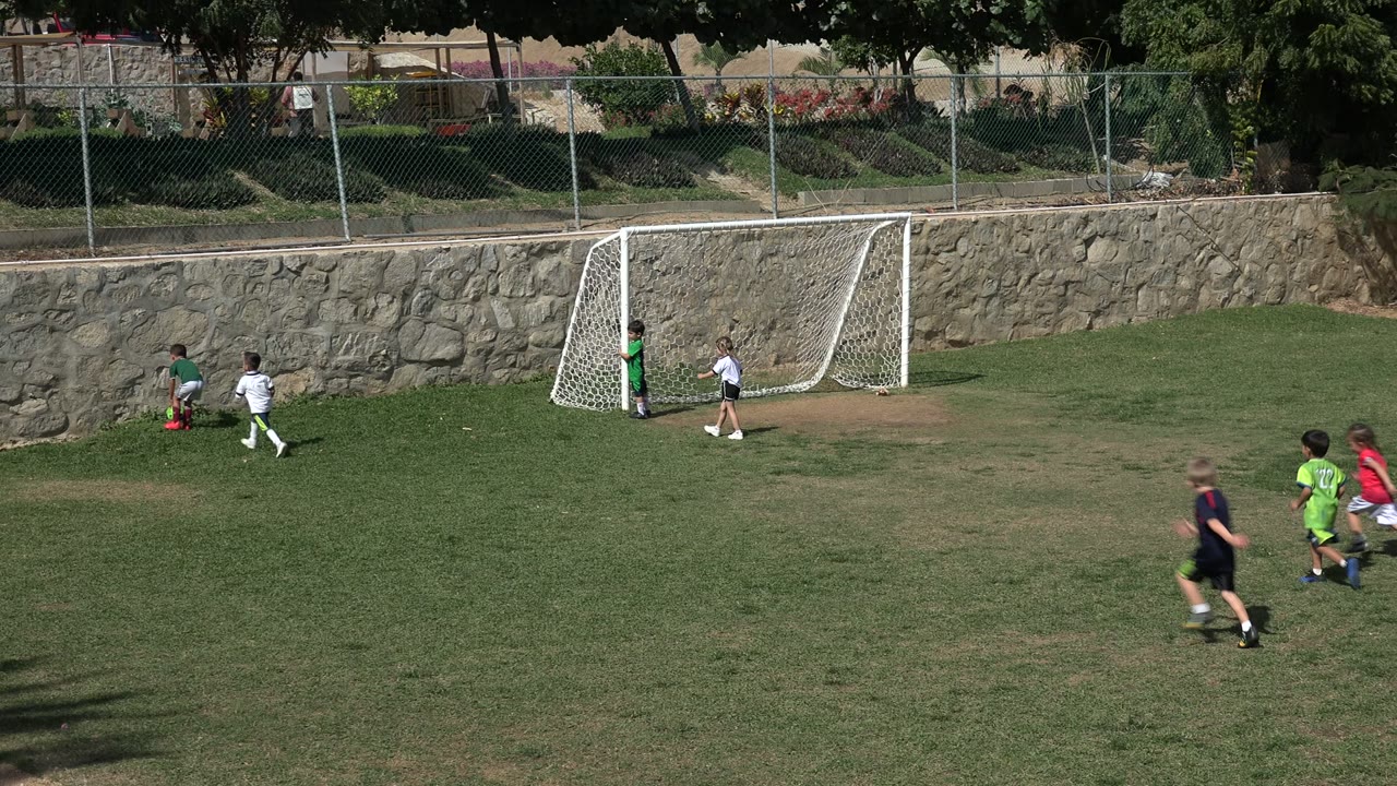 Children play near a white soccer goal on a green field in Los Cabos, Mexico, with a stone wall, fence, and trees behind them.