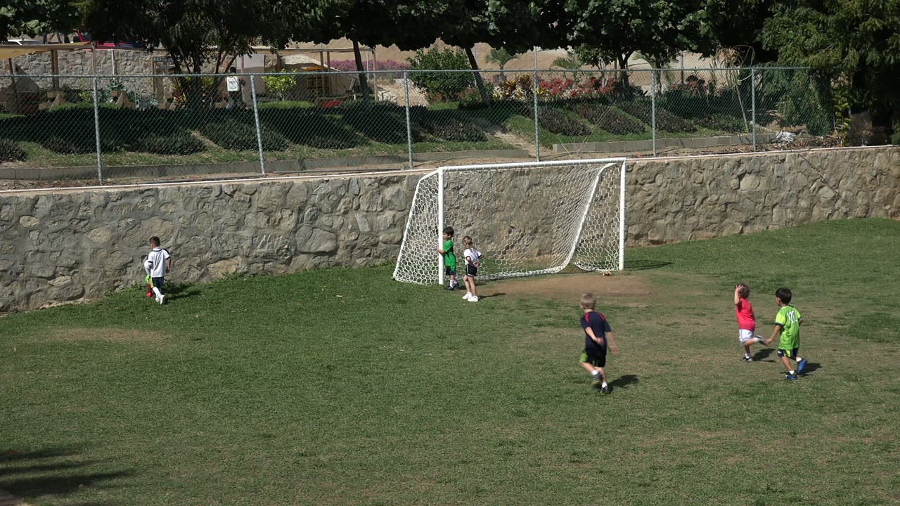 Several children in green, red, white, and dark shirts move across the grass near the white goal in Los Cabos, Mexico.