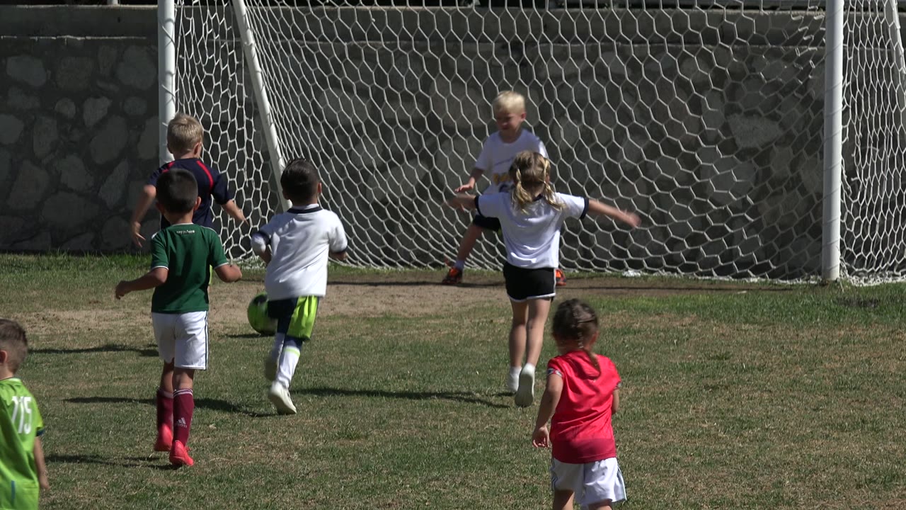 Children playing football in front of a white goal.