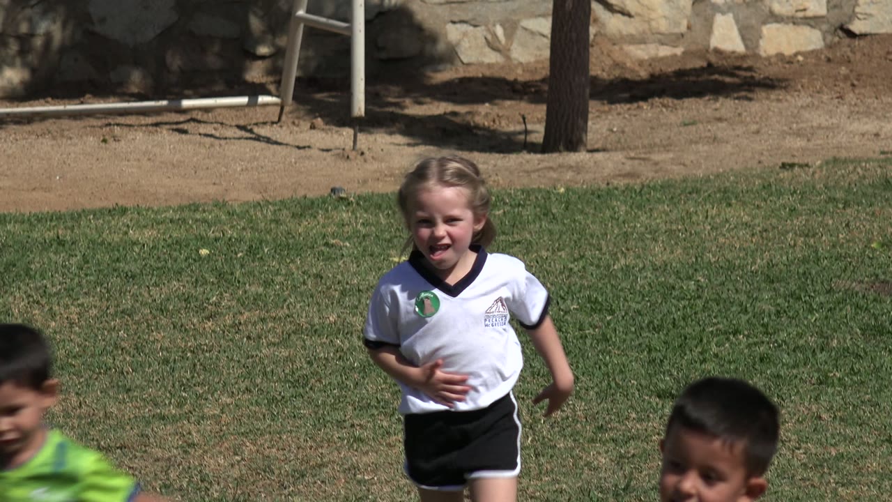 Children running on a grassy field in bright sun.