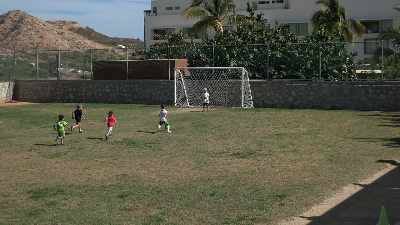 Children in green, black, red, and white shirts move across the Los Cabos grass field while the green soccer ball rolls near the child in white and the goal remains in the background.