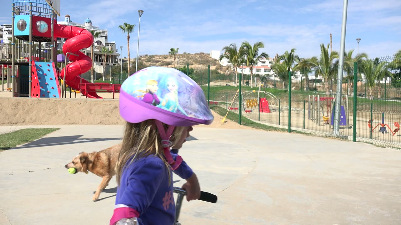 Child in pink helmet rides a scooter near a dog and playground.
