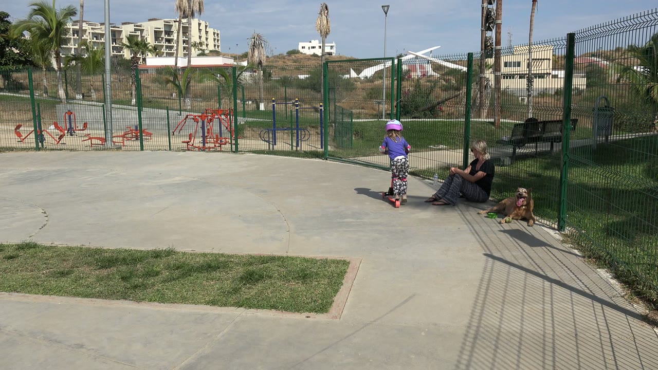 One second in, the helmeted girl on the scooter is farther right on the Los Cabos park pavement, approaching the seated adult and dog near the fence.
