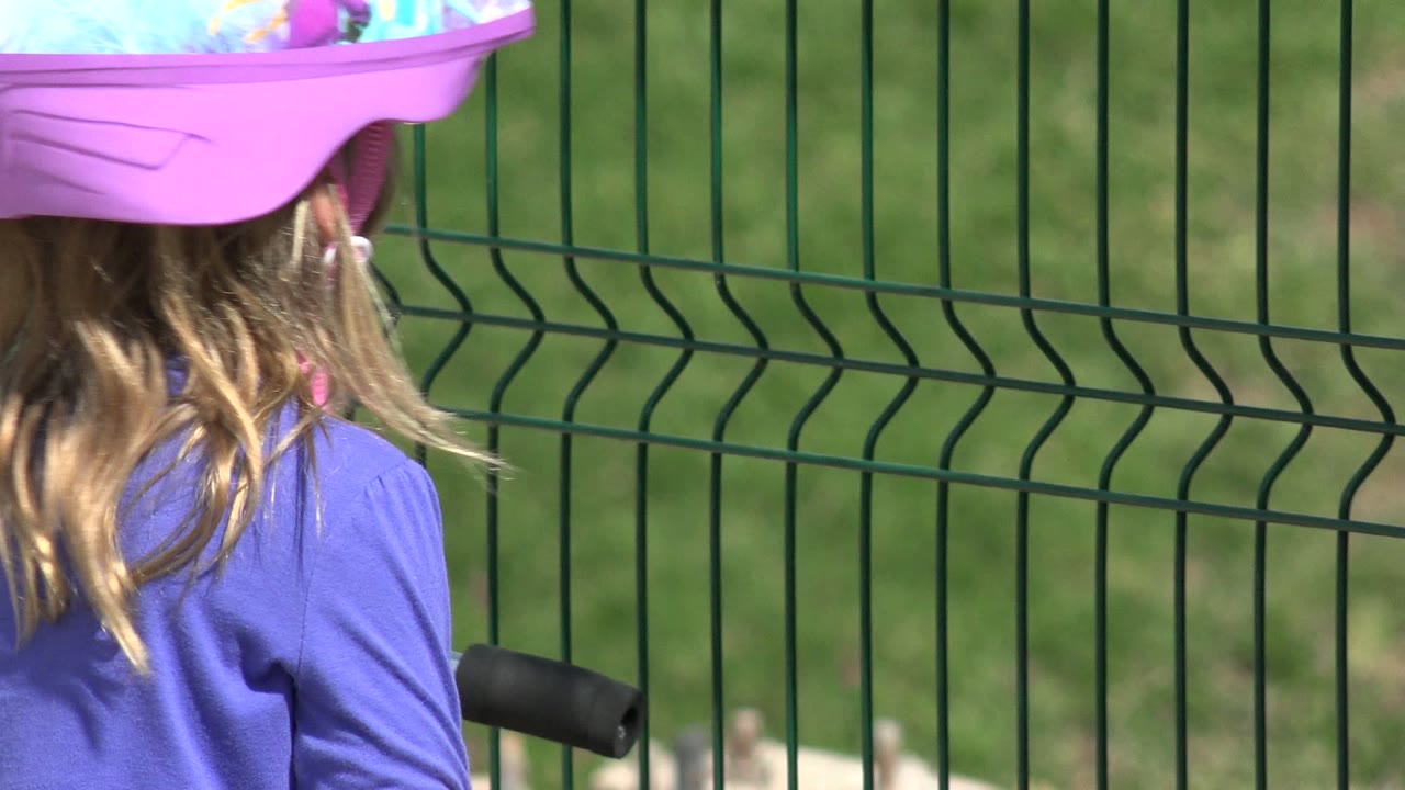 A partially cropped child in a pink helmet and purple shirt is seen beside a scooter handlebar near a green fence in Los Cabos, Mexico.