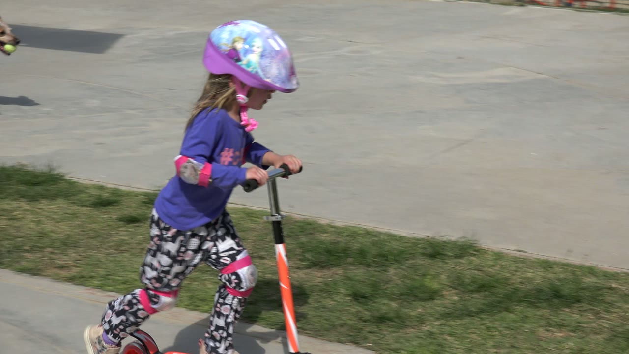 In Los Cabos, Mexico, the helmeted girl pushes her orange scooter forward while a tan dog runs across the concrete behind her with a tennis ball in its mouth.