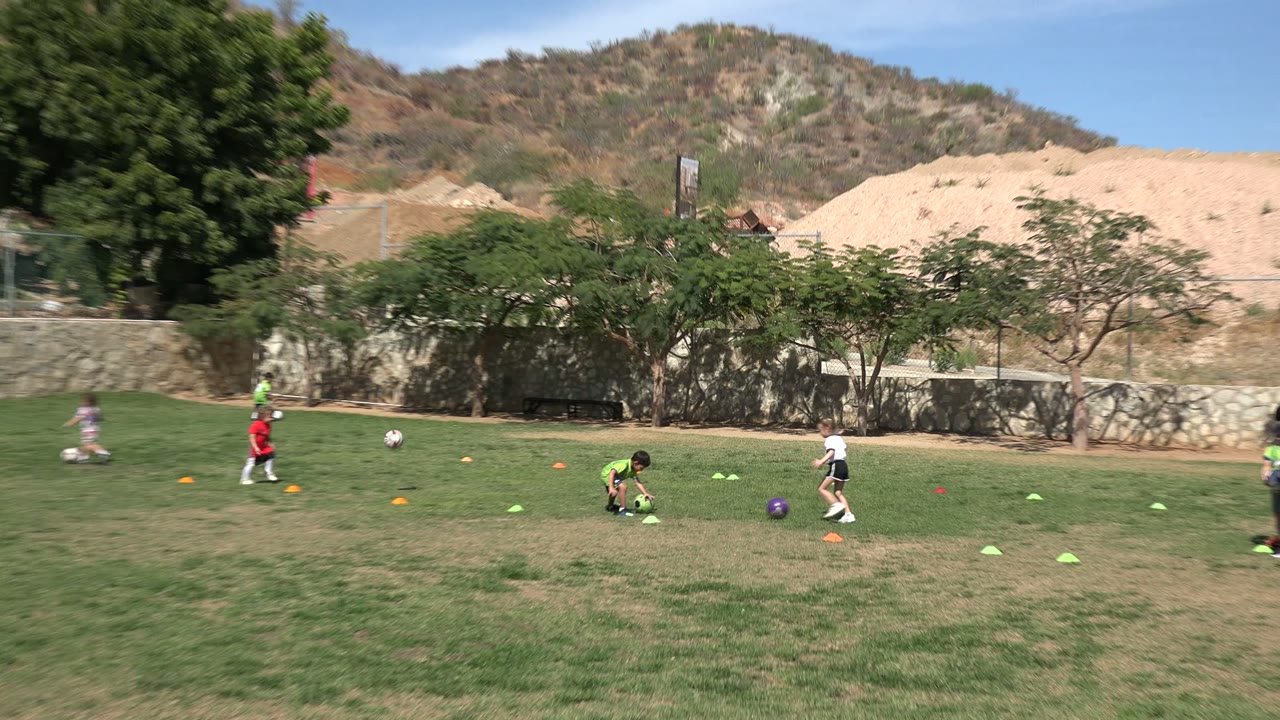 Wide field with children, cones, soccer balls, trees, wall, and dry hillside.