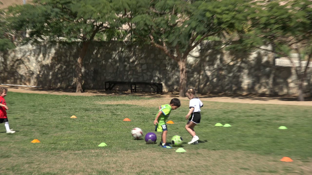 Two children stand near soccer balls and a purple ball on the Los Cabos grass field, with bright cones in the foreground and trees and a wall behind them.