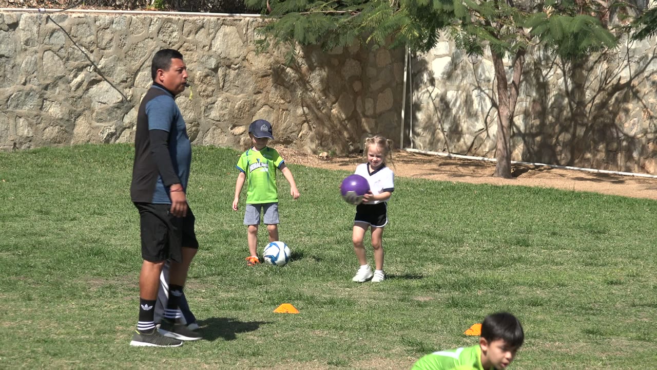 Coach and children on a sunny soccer field with balls and cones.