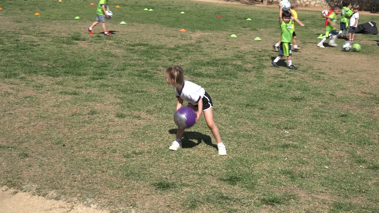 Children on a grassy field with balls and training cones.