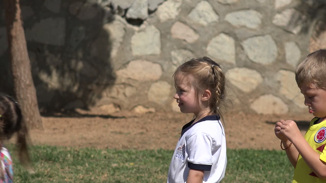 Two children standing on grass near a stone wall.