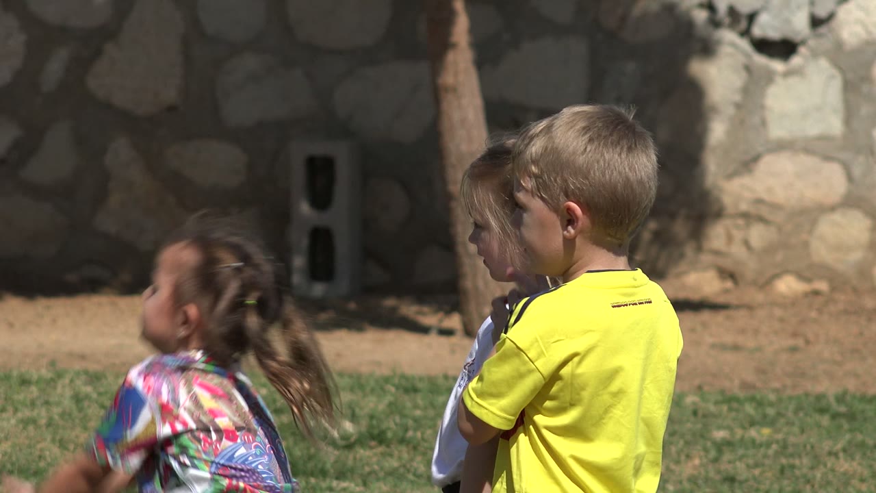 Children standing on grass near a stone wall.