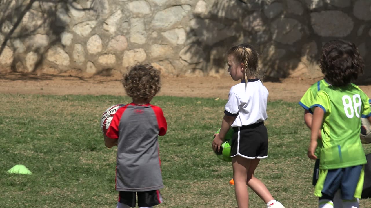 Children in soccer uniforms stand on a grassy field with balls and cones.