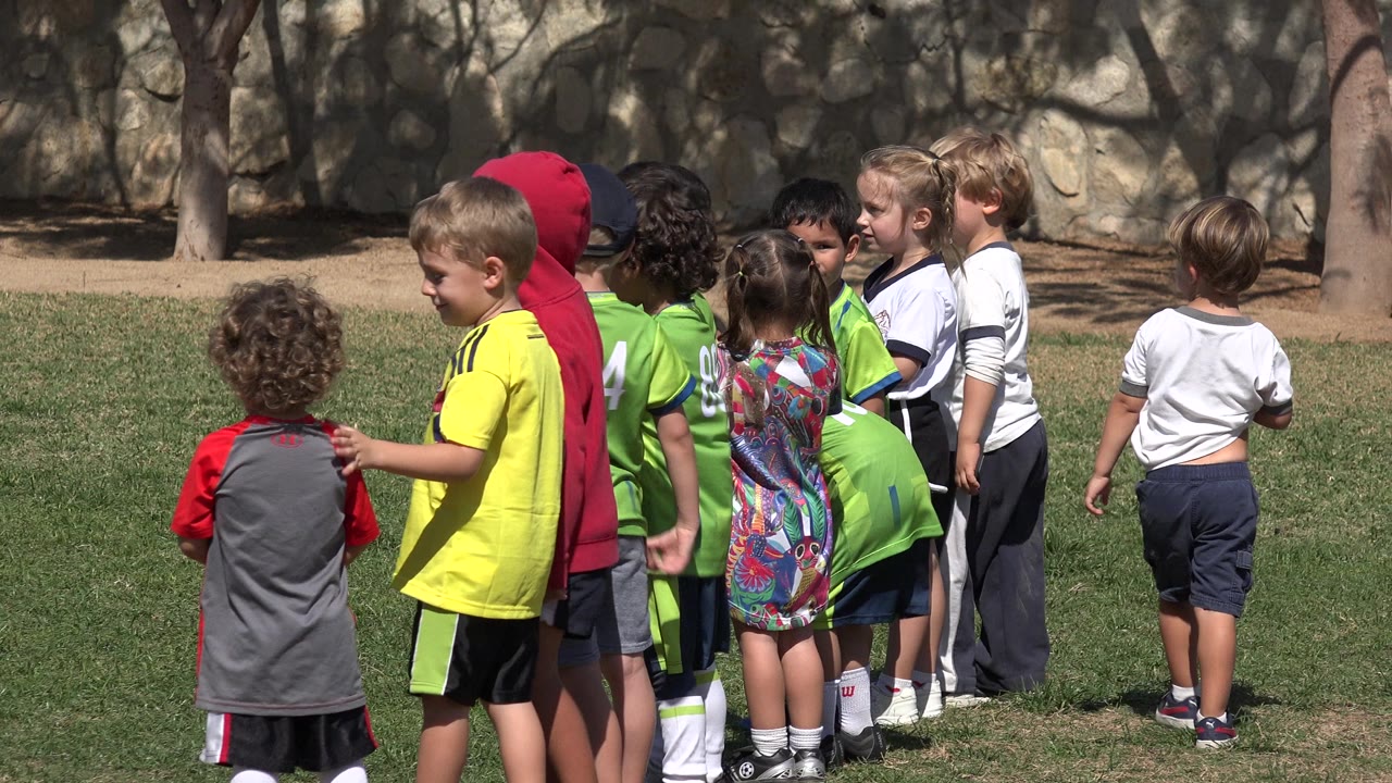 Children in sportswear standing in a line on grass.