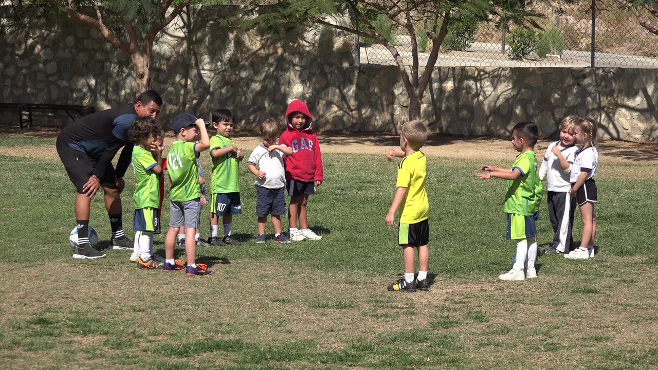 Children face each other on a football field while the coach watches from the side.