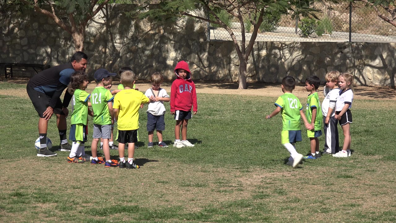 Children gather around an adult coach on a sunny grass soccer field.