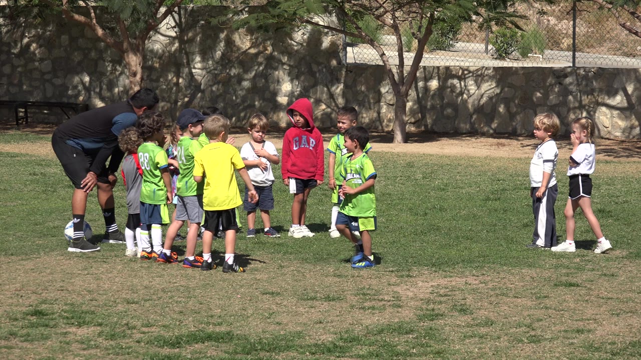 Coach leaning toward children in green soccer jerseys on a grass field.