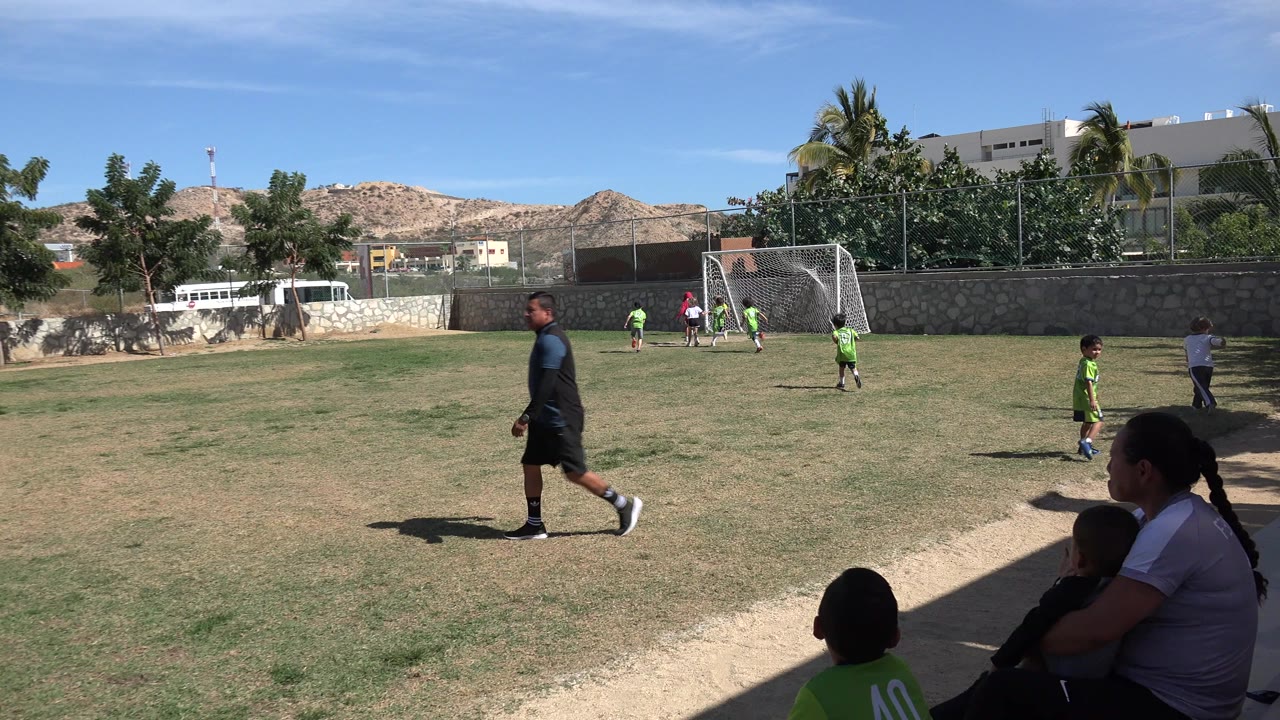 Wide soccer field with children near a goal and spectators in shade.