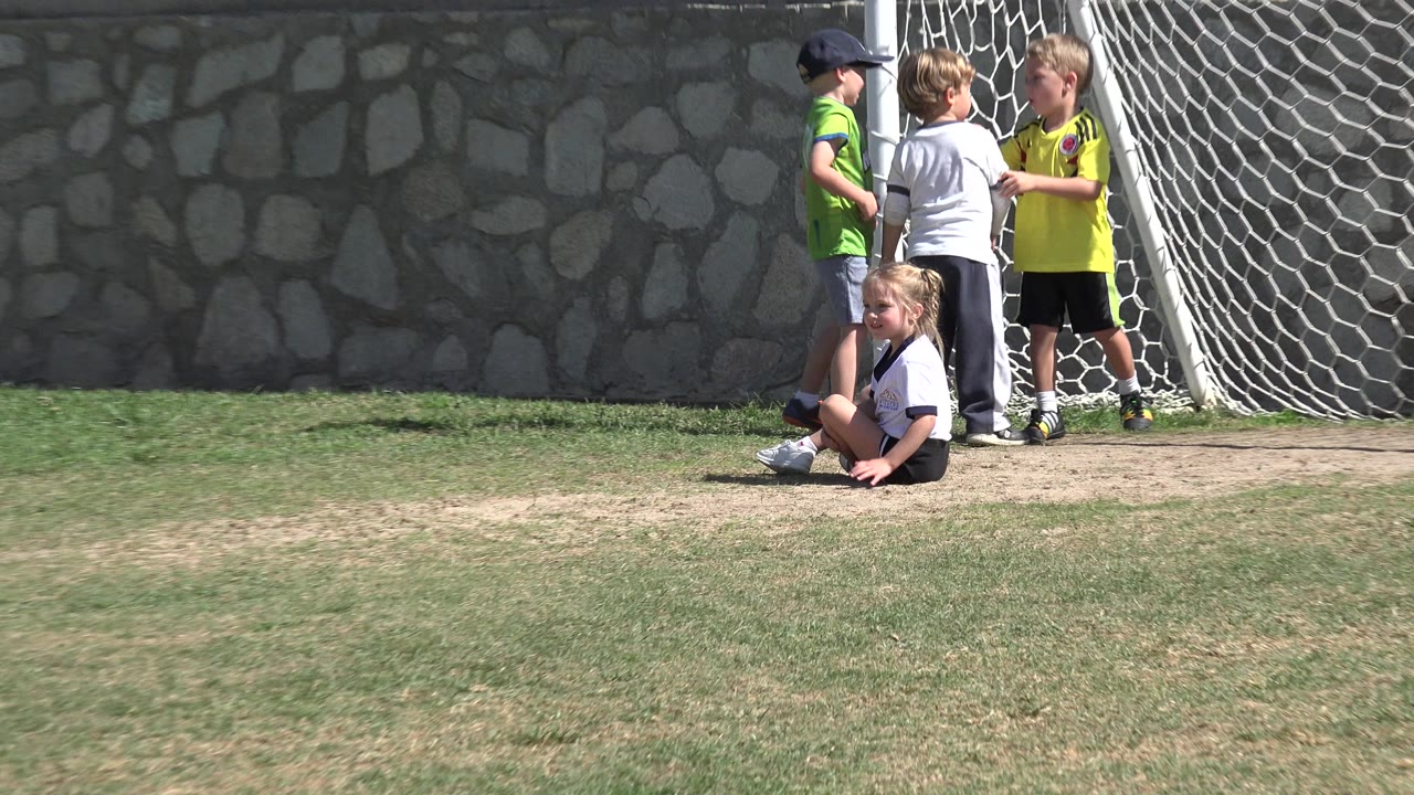 Children standing by the soccer net while a girl sits near the goal mouth.