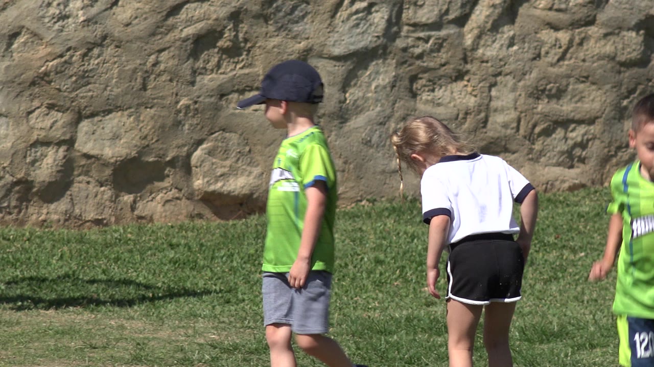 Boy in green jersey and girl in white shirt on grass by a stone wall.