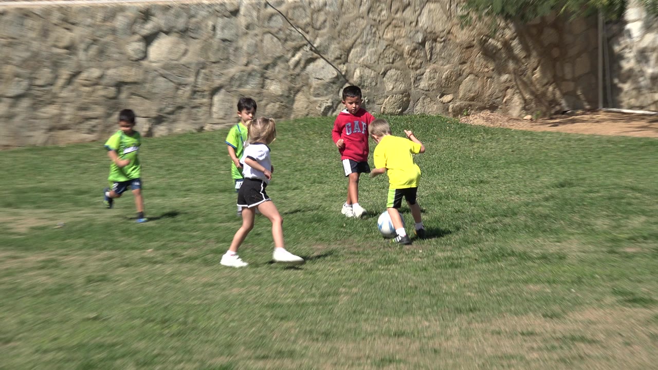 Children gather around a soccer ball on a grassy field.