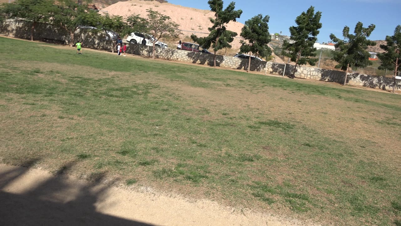 Grassy field with distant players, trees, and dry hills.