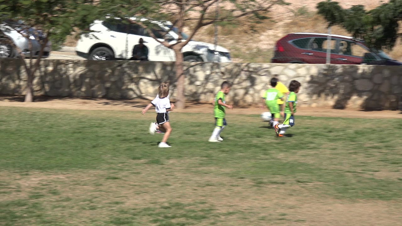Several children in bright green jerseys close in around the soccer ball on a sunlit field in Los Cabos, with trees and roadside cars behind the wall.