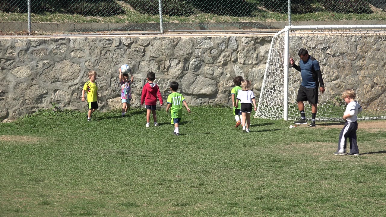 Children and a coach near a small soccer goal on a grass field.