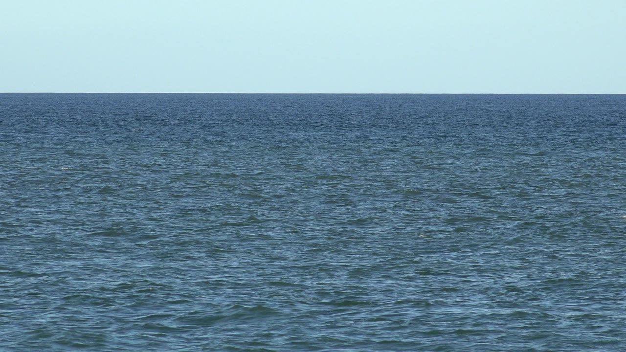 Open ocean under a pale blue sky with a level horizon.
