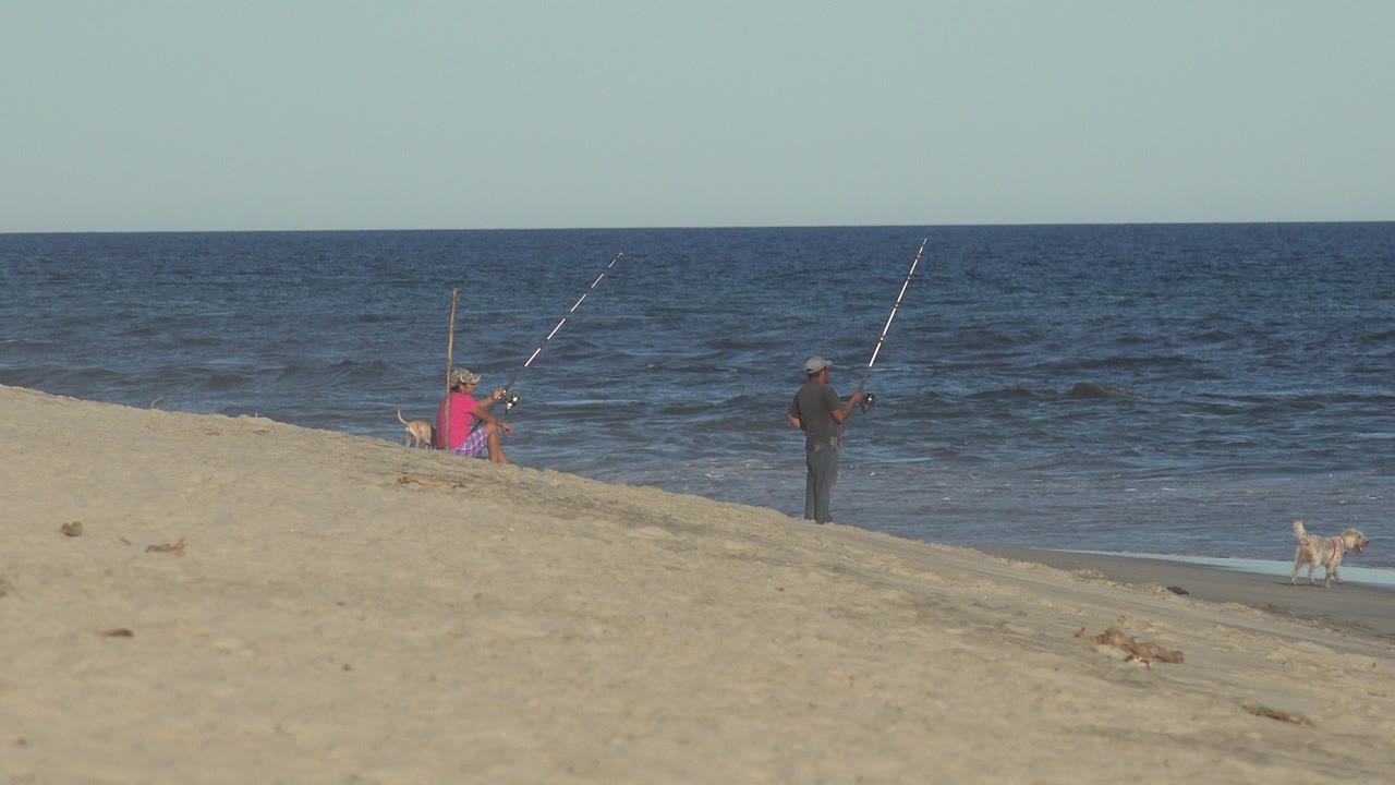 Two people continue fishing on the Los Cabos beach, with the standing angler facing the surf and the small dog still visible near the right side of the sand.