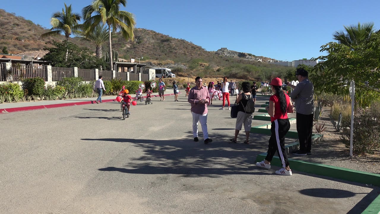 Children ride bicycles on a sunny road while adults stand near the curb.