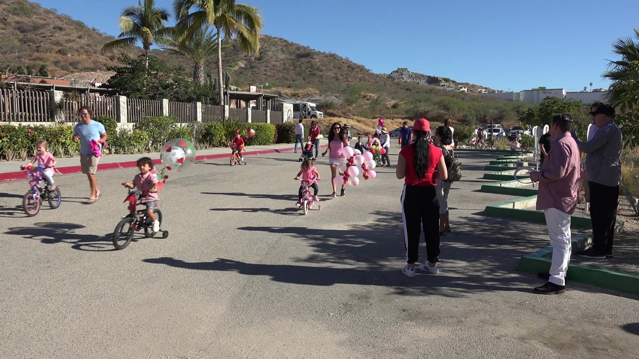Children with bicycles and balloons on a sunny road near adults and palm trees.