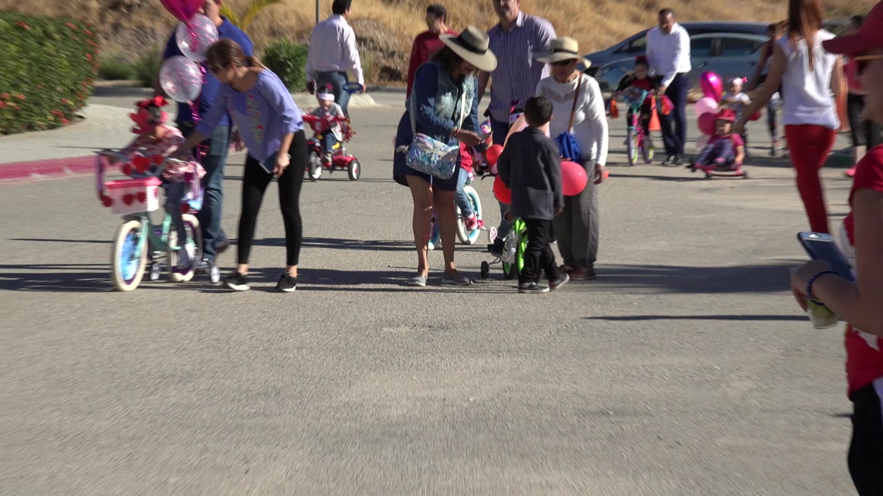 Children on bicycles with adults and balloons on a paved road.