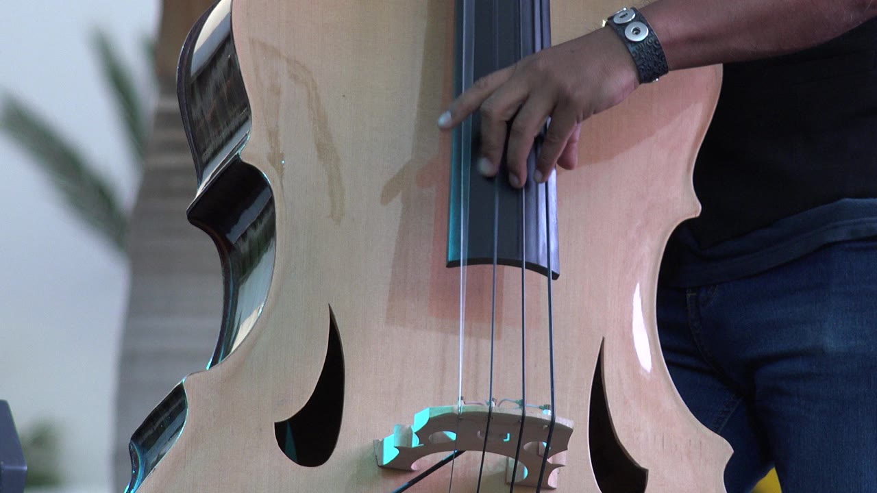 A player’s hand moves onto the upright bass strings in Los Cabos, Mexico, with the light wood body and dark sound holes filling the frame.