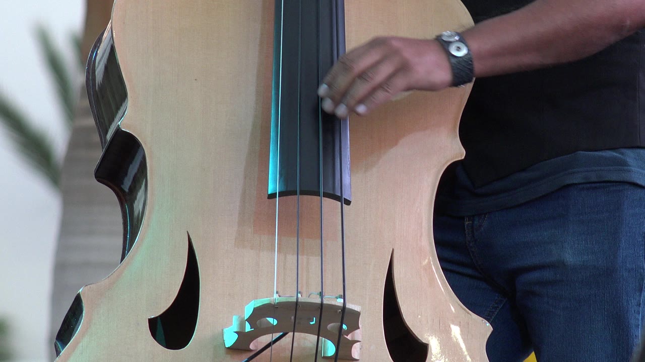 Close-up in Los Cabos, Mexico of a man's hand resting near the black fingerboard of a light wood double bass, with his torso cropped at the right edge.