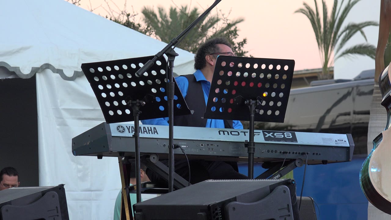The Los Cabos performer remains seated at the keyboard, with the tent edge, palm fronds, microphone boom, and a second partially visible person behind the stands.