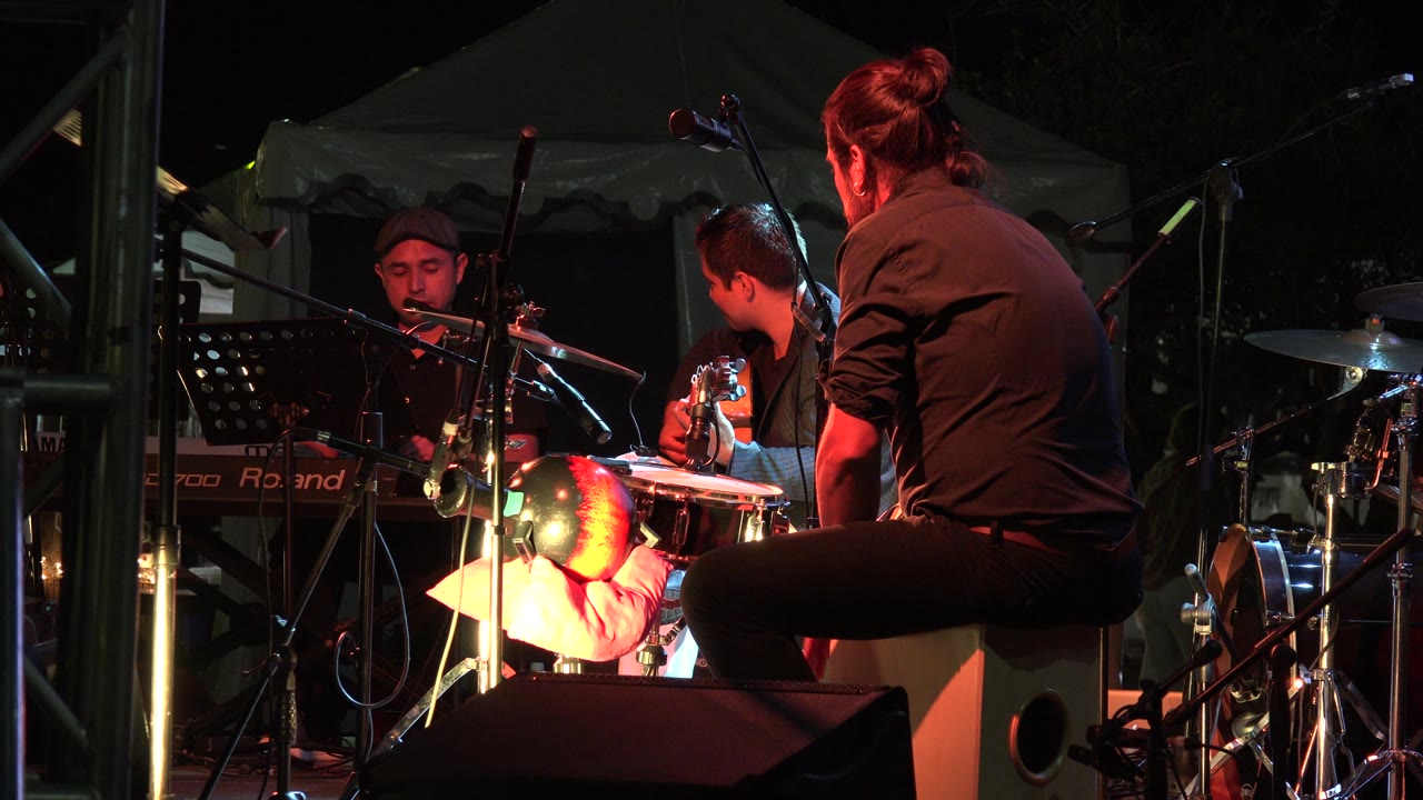 Singer and musicians perform behind a percussionist on a small lit stage.