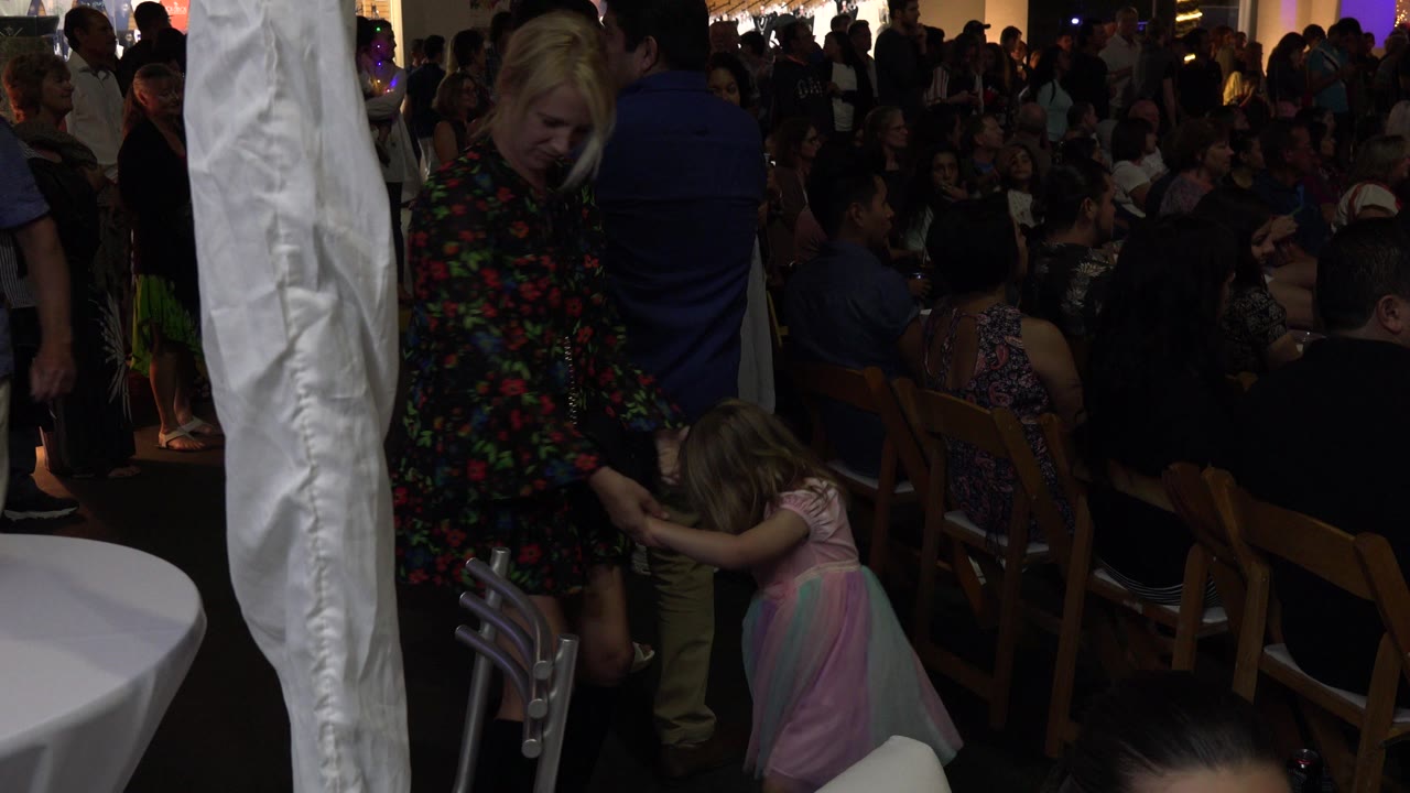 Woman holding a little girl's hands at a crowded indoor gathering.