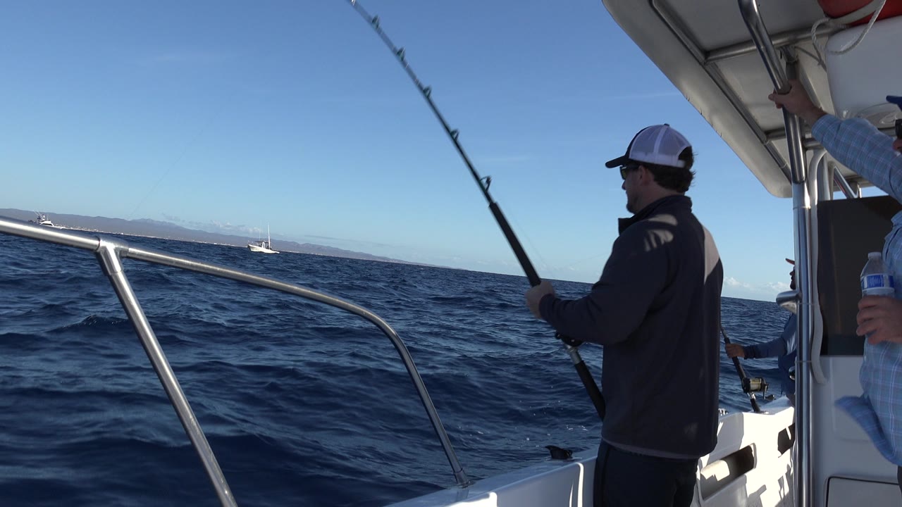 Man fishing as the rod rises near the boat canopy.