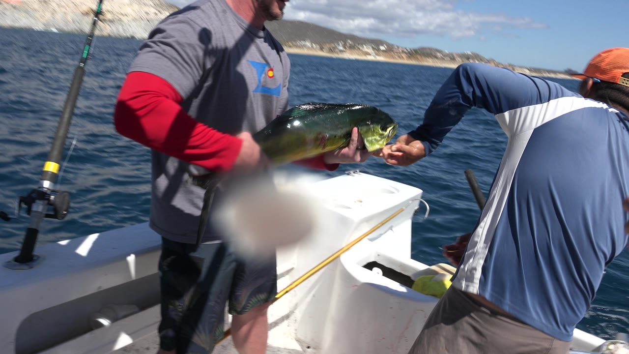 Man on boat holds a green-yellow fish while another person leans nearby.