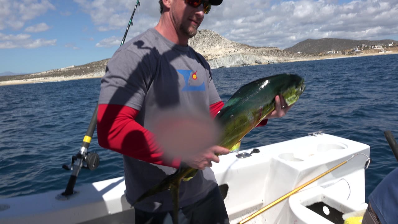 Man on a fishing boat holding a green fish near blue water.