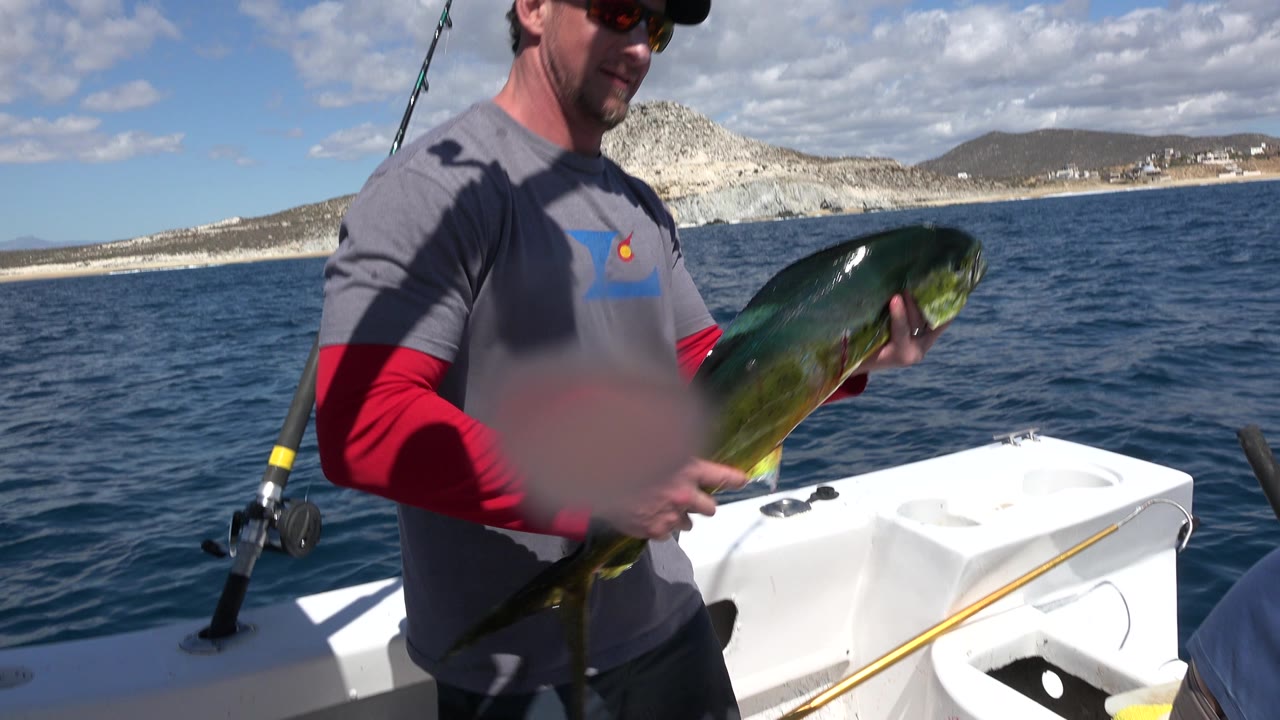 In Los Cabos, Mexico, the angler keeps the green fish close to his torso while the white boat deck, upright rods, dark water, and distant shore remain in frame.
