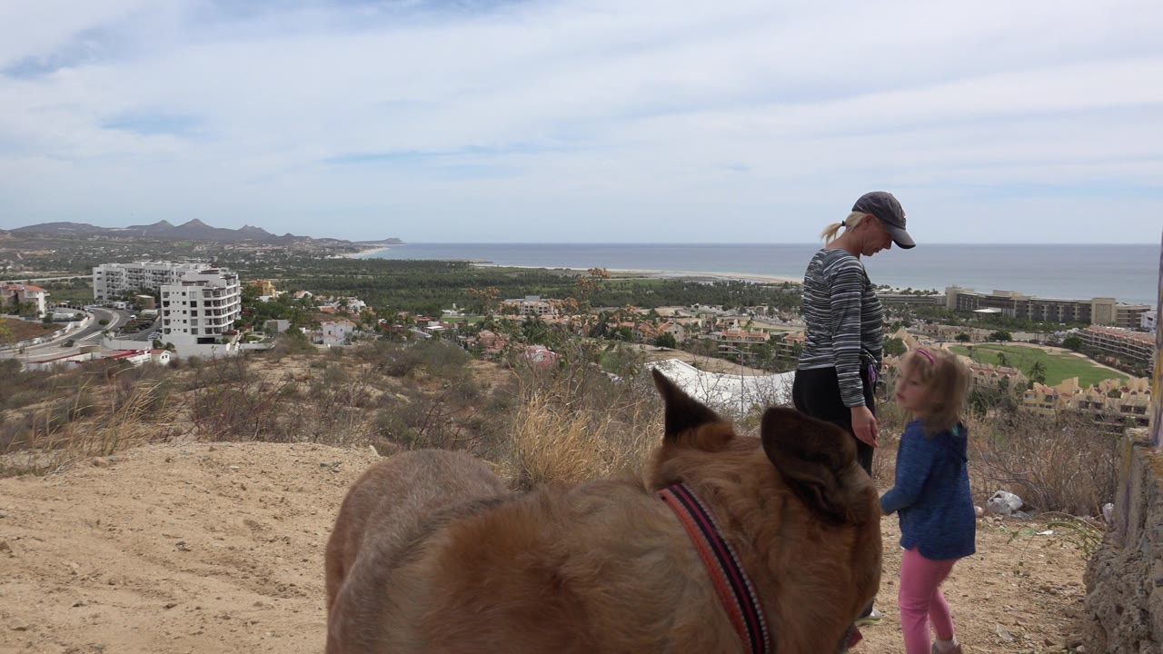 Woman, young girl, and brown dog on a hill above the ocean.