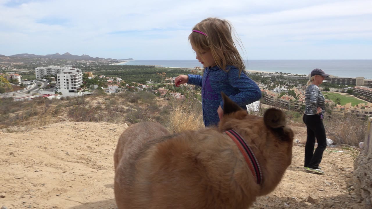 The girl in a blue hoodie looks down near the tan dog as another child stands farther down the dusty slope, with Los Cabos buildings, greenery, hills, and ocean in the distance.