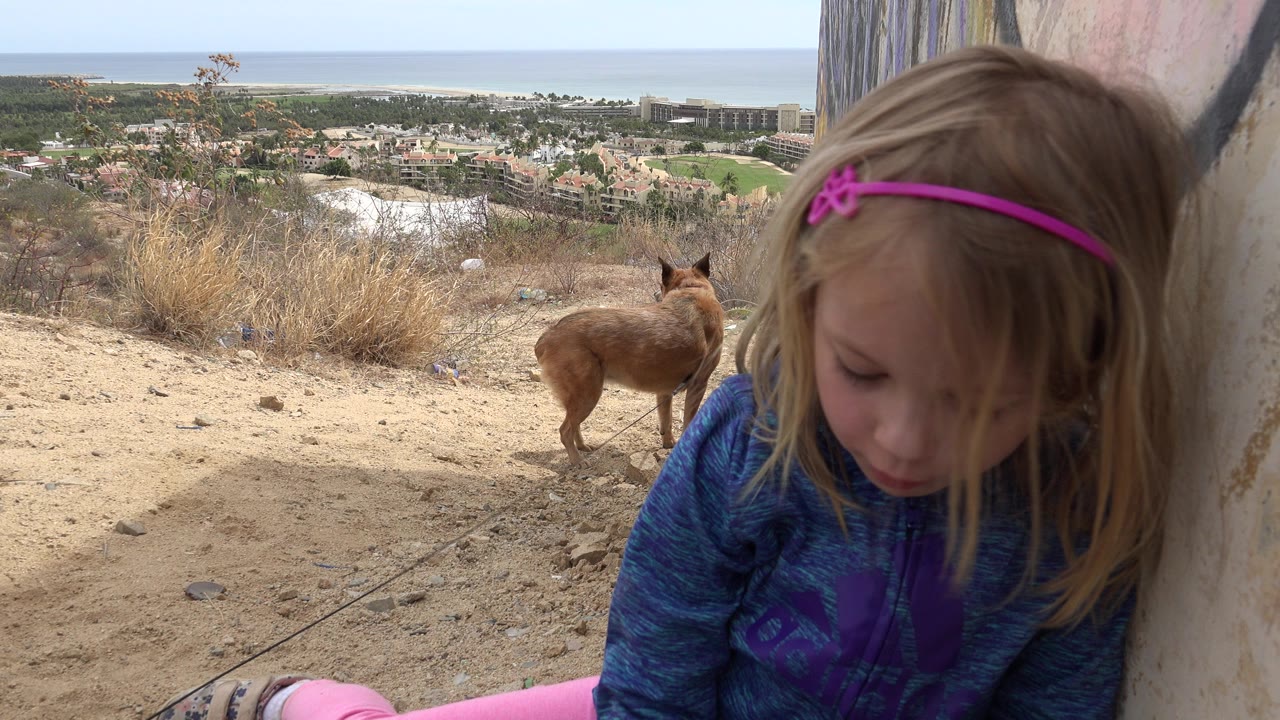 Girl looks down in the foreground beside a painted wall as a small brown dog stands farther back on the dry slope above the Los Cabos coastline.