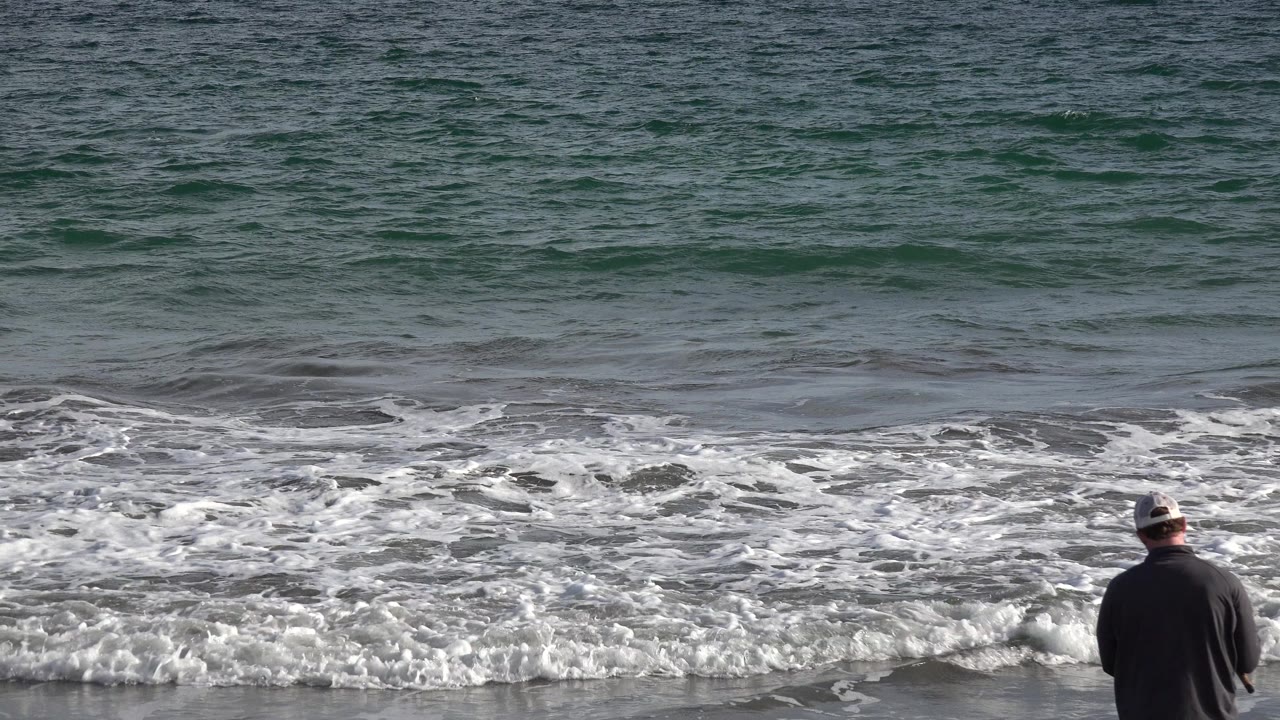 The fisherman remains near the waterline in Los Cabos while a fresh band of white foam spreads behind him on the wet sand.