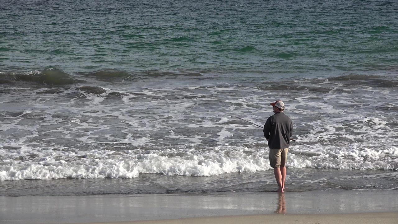 A lone adult stands with their back to the camera on a Los Cabos beach as a low wave breaks across the wet shoreline.