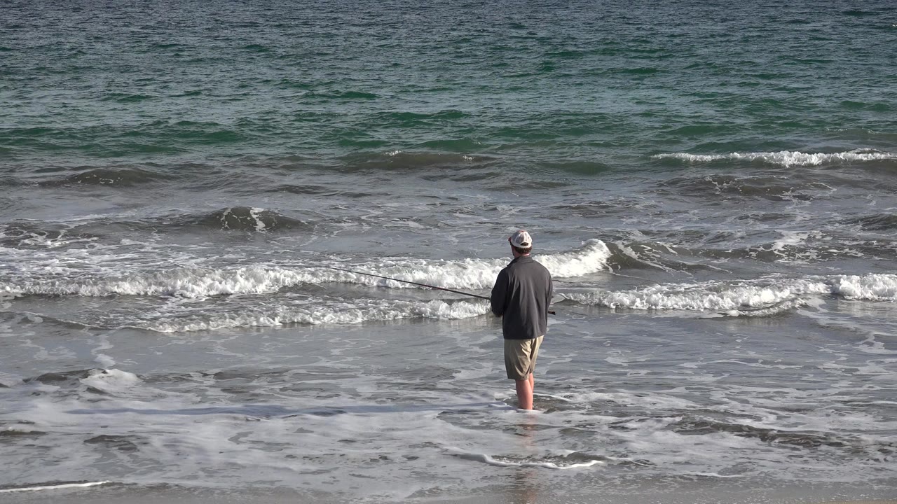 The man remains centered from behind on the Los Cabos shoreline while a low wave curls and breaks across the midground.